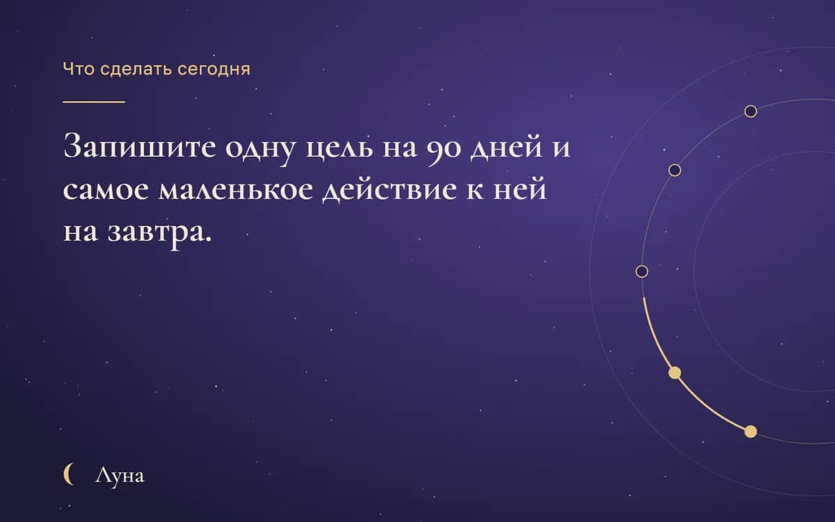 Что сделать сегодня: Запишите одну цель на 90 дней и самое маленькое действие к ней на завтра.